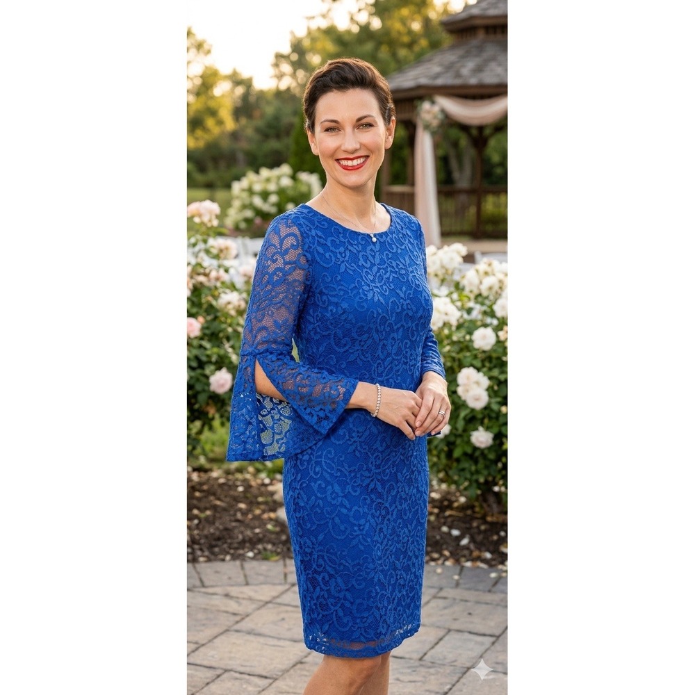 ALFANI Sz 12 Blue Dress Stormy Sea Soft Laces Cocktail Formal Classic Wedding